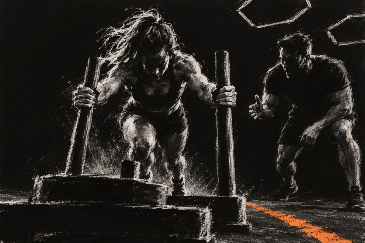 Fictional charcoal concept of a sled athlete driving forward with a supporter beside her.