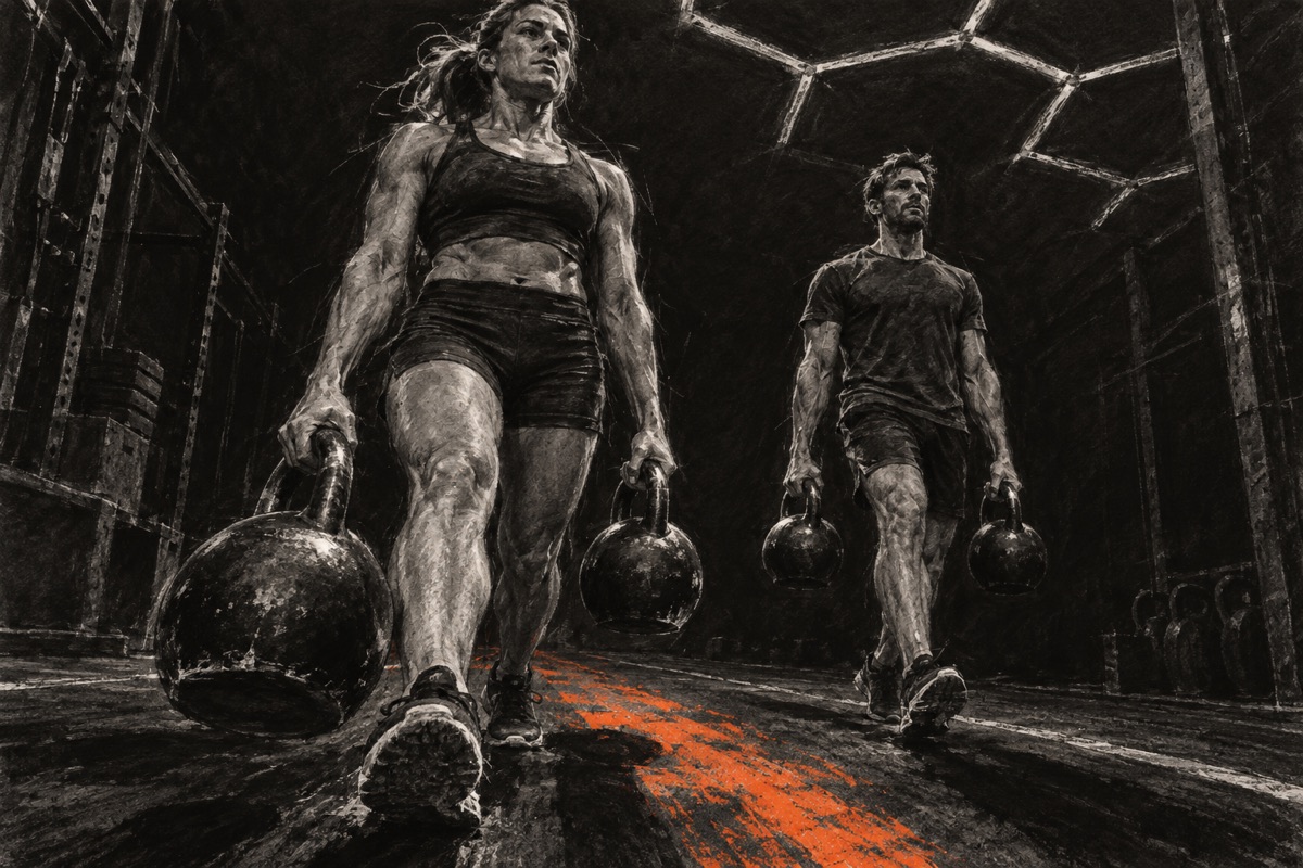 Fictional rendered charcoal concept of two athletes carrying kettlebells through the gym.