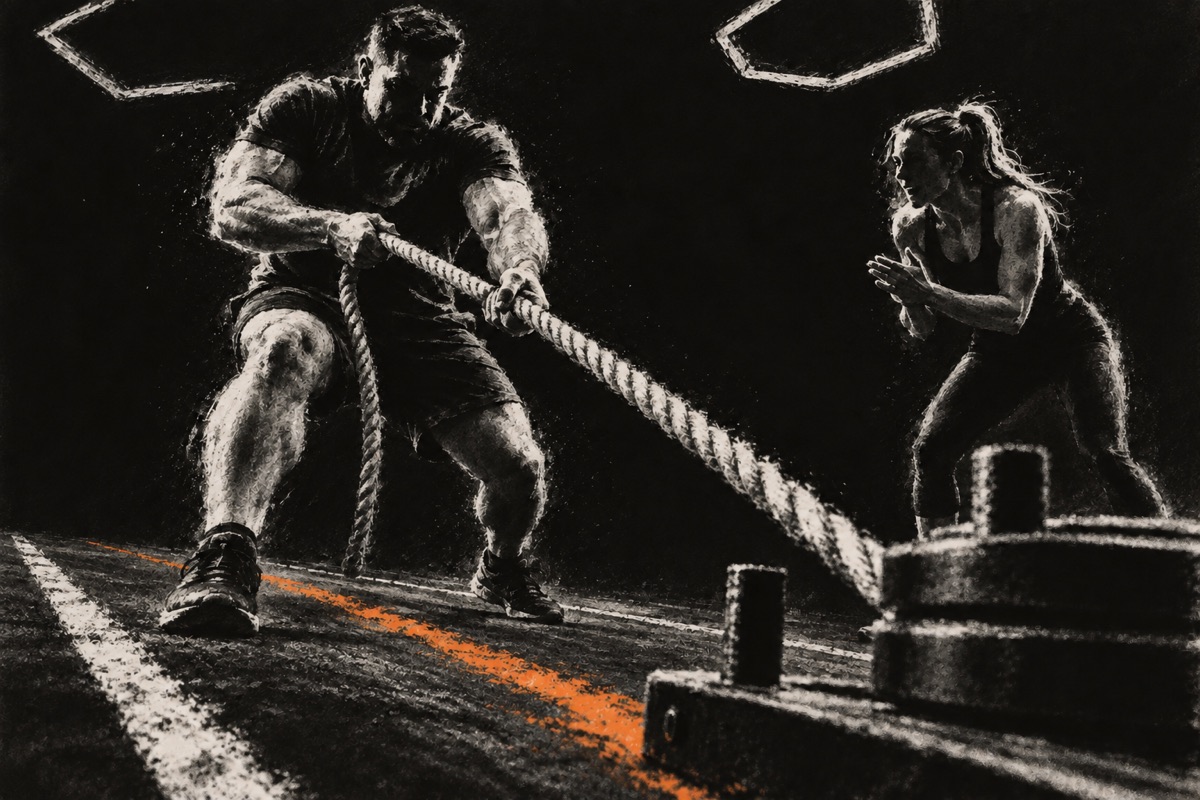 Fictional expressive charcoal concept of a rope pull with a nearby supporter.