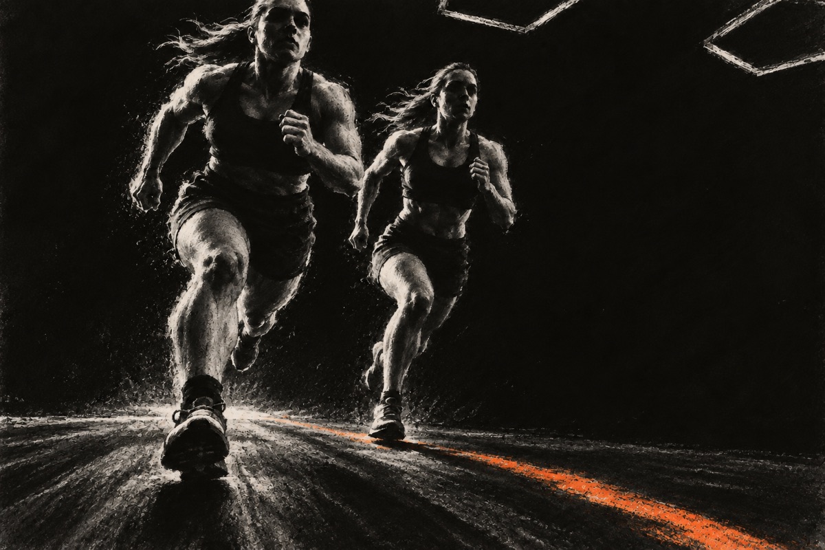 Fictional expressive charcoal concept of two athletes running together.