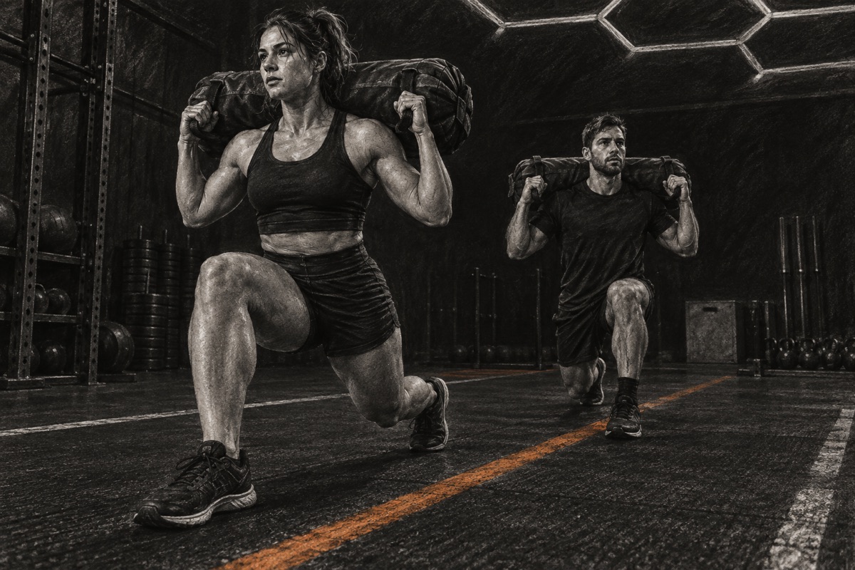 Fictional rendered charcoal concept of two athletes completing sandbag lunges.