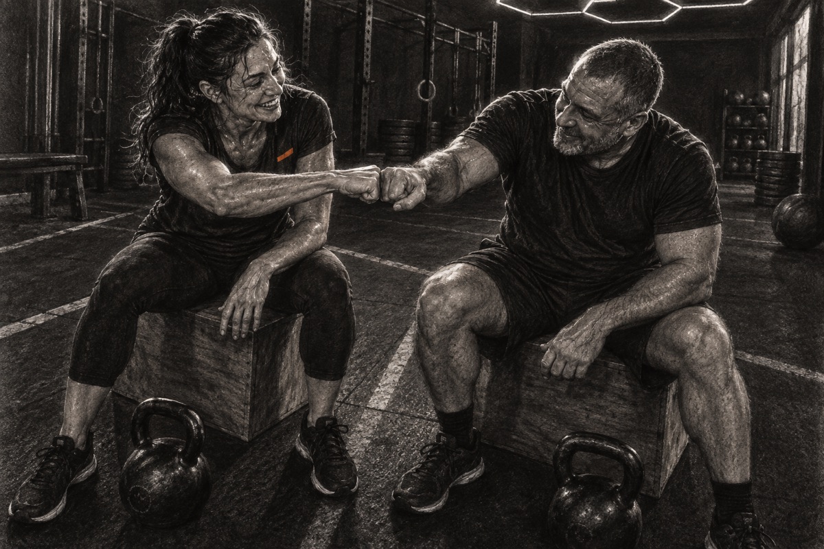 Fictional rendered charcoal concept of two athletes sharing a fist tap after an interval.