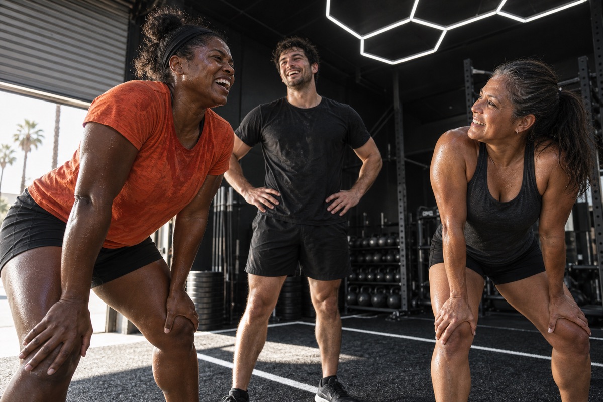 Fictional concept photograph of three training partners catching their breath together after an interval.