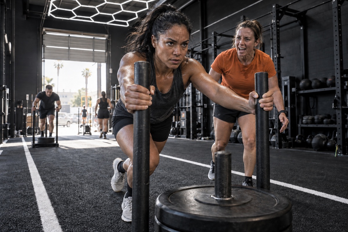 Fictional concept photograph of an athlete pushing a sled while a training partner encourages her.