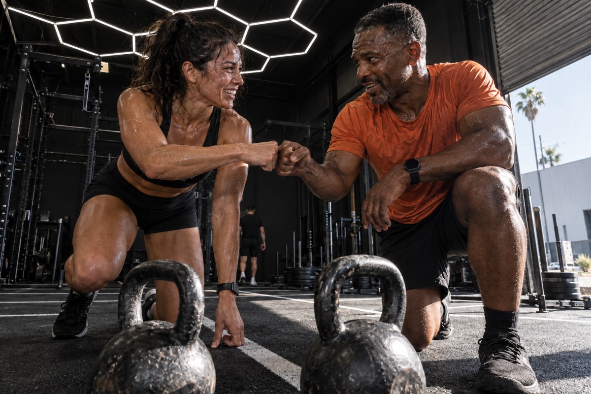 Fictional concept photograph of two athletes exchanging a fist tap beside kettlebells after a hard interval.
