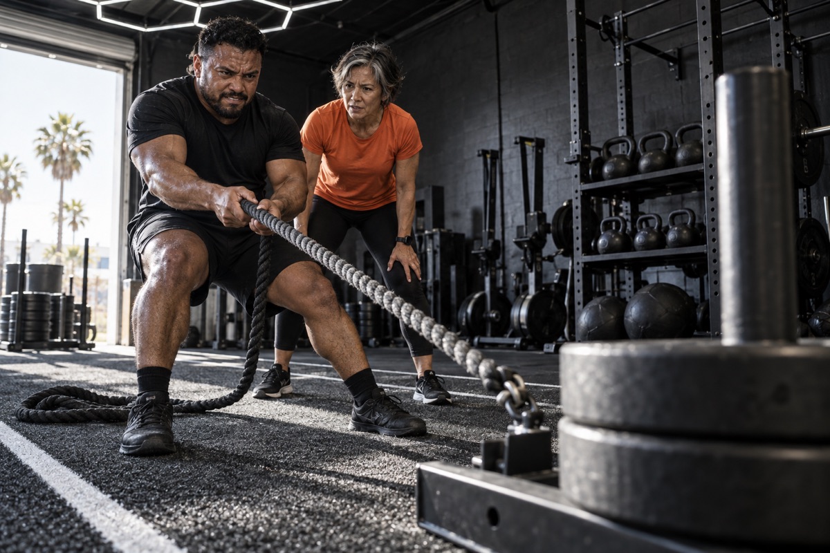 Fictional concept photograph of an athlete pulling a rope with a coach engaged beside him.