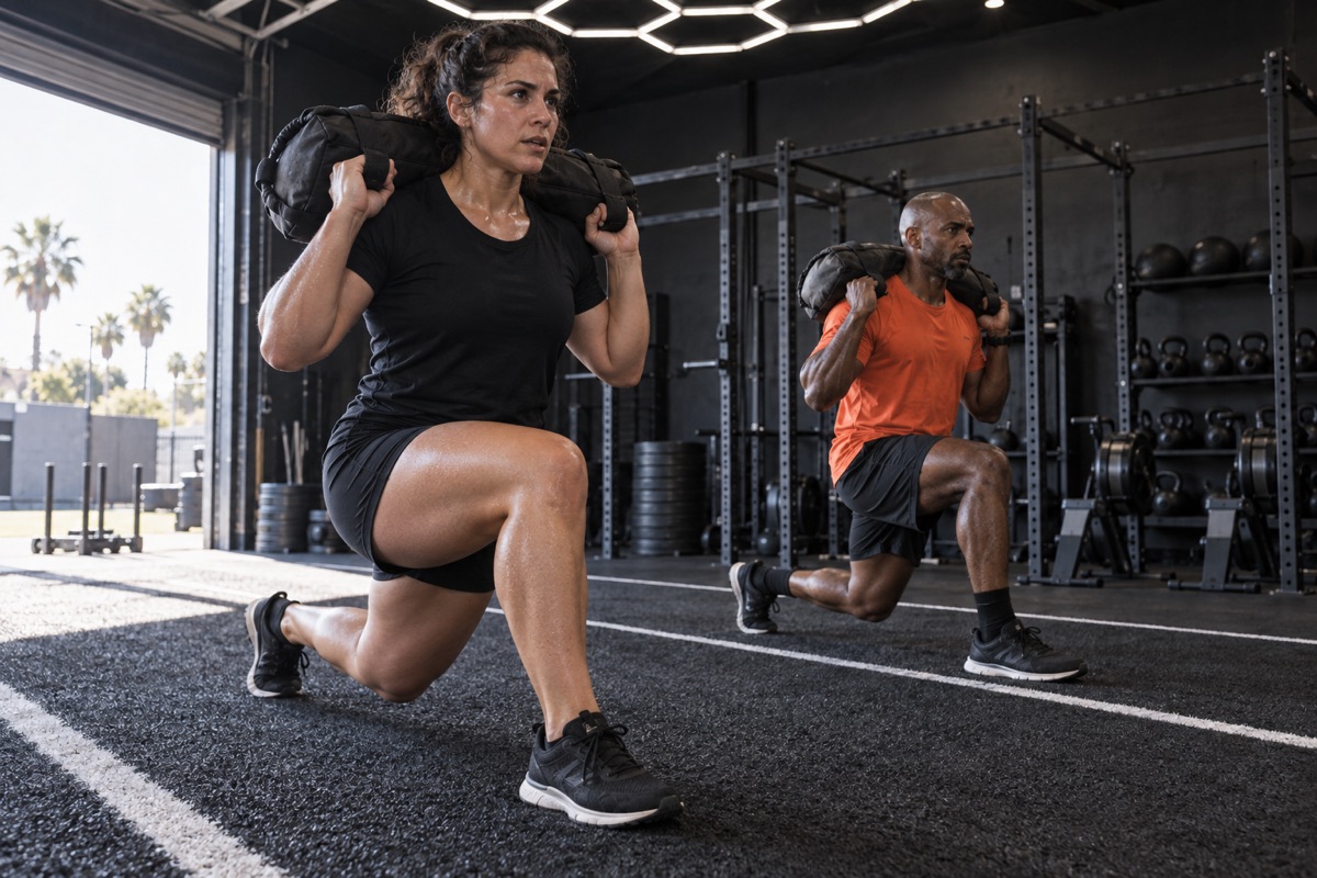 Fictional concept photograph of two athletes completing sandbag lunges in neighboring lanes.