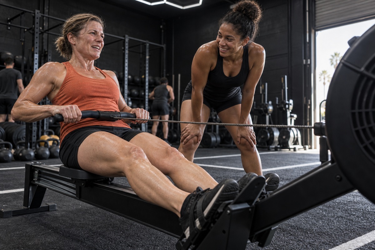 Fictional concept photograph of an athlete finishing a rowing drive while a teammate encourages her.